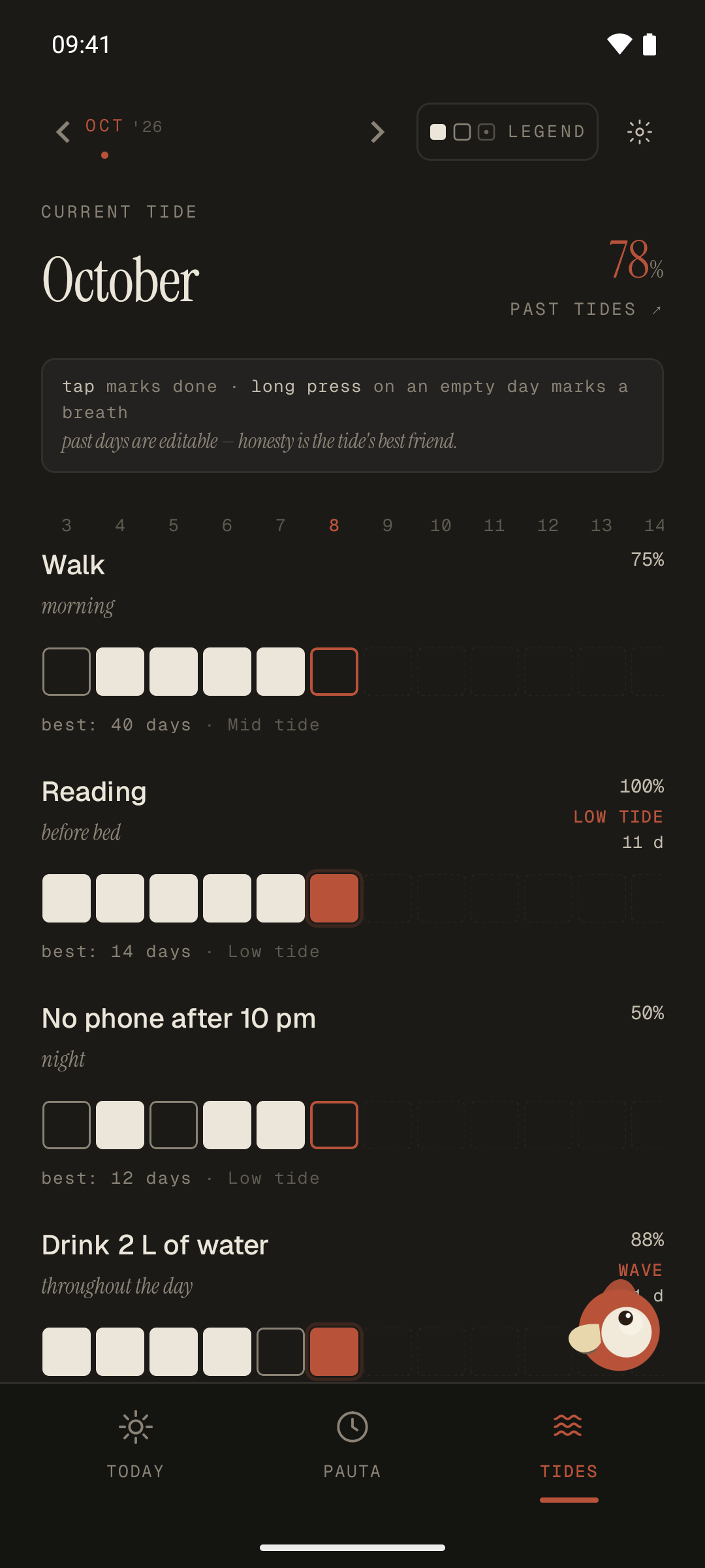 Pauta's Tides tab showing habits for October with streaks and tide levels