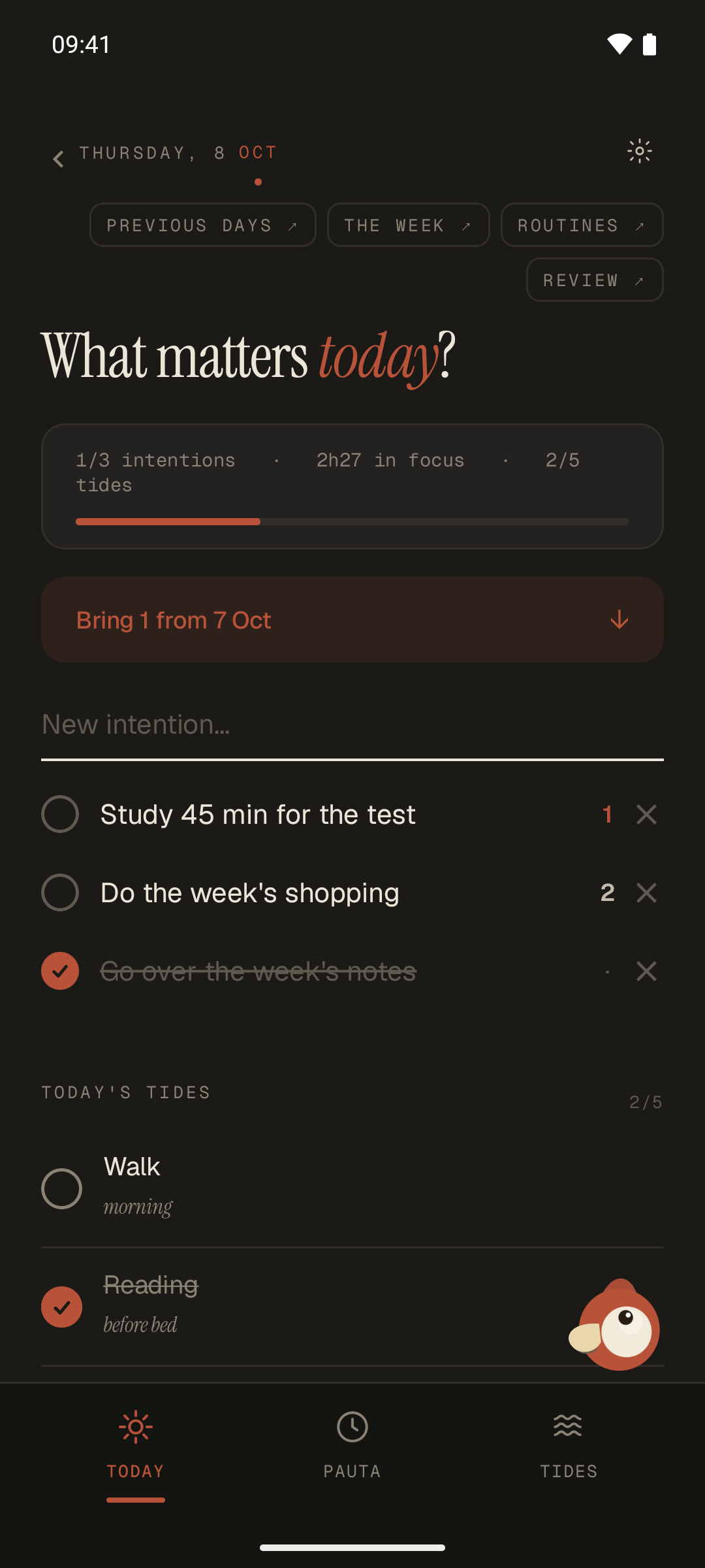 Pauta's Today screen: three intentions for the day, today's focus time and today's tides
